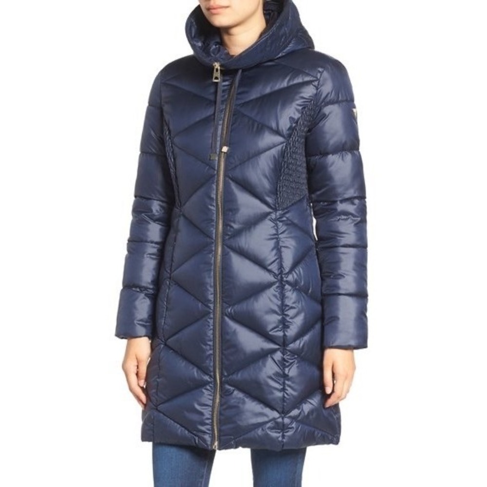 GUESS Diamond Quilted Puffer Coat Small Navy Blue Winter Parka Hooded Jacket